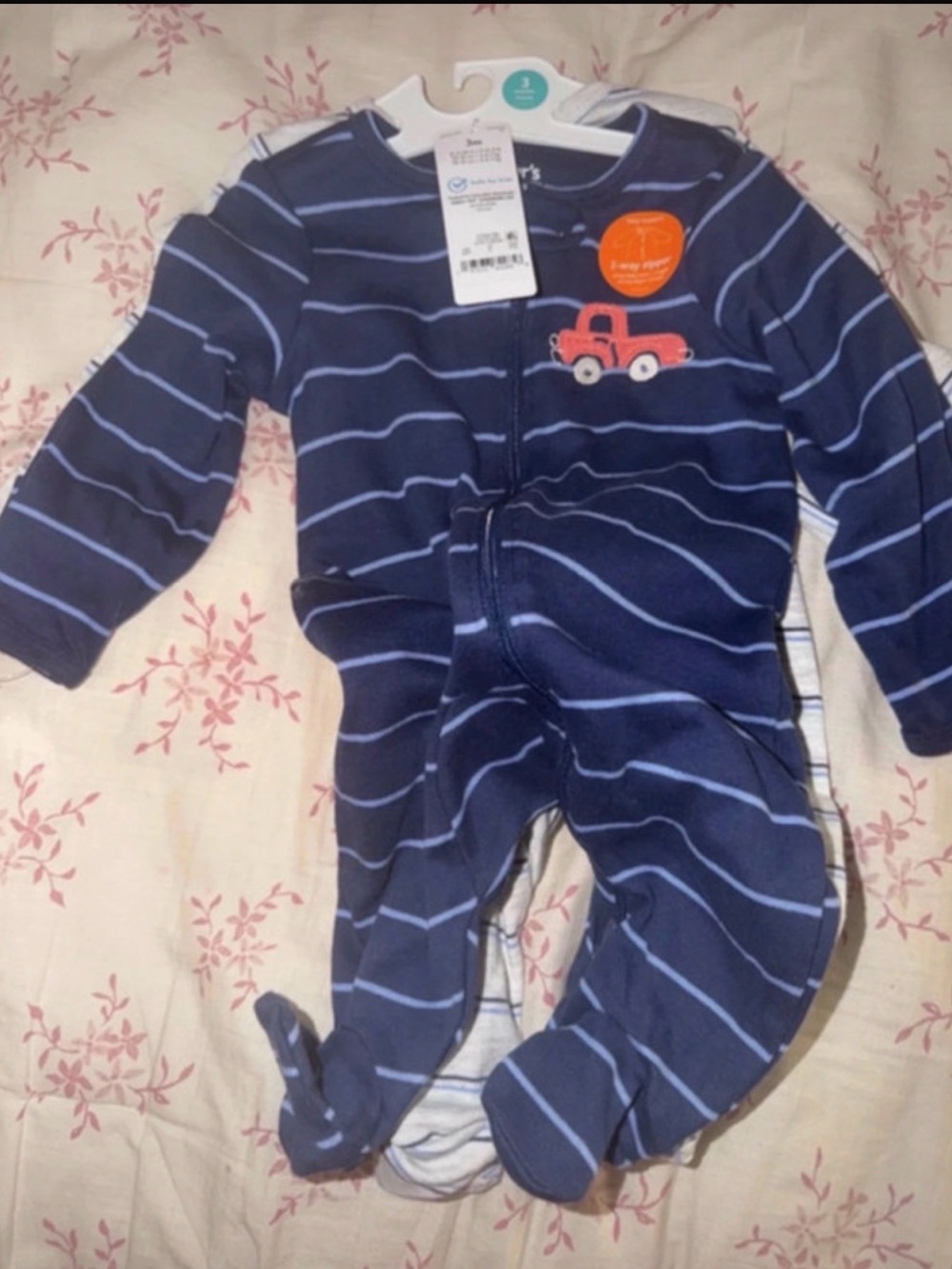 Carter's Navy & Light Blue Striped Footed One-Piece with Red Truck